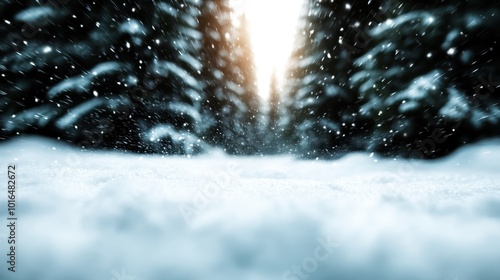 A close-up view of fresh snowfall in a dense forest, capturing the movement of snowflakes as they drift down, creating a peaceful and calming winter ambiance. photo