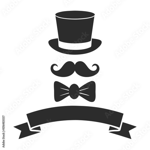 Vintage-themed gentleman icon set with mustaches, hats, bow ties, and retro accessories in silhouette style.Retro gentleman vector icon set featuring classic elements like monocles, top hats, and mus