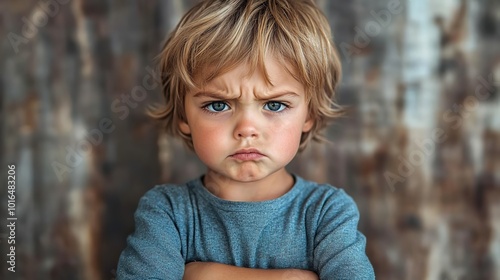 an angry little boy stands,a furious expression arms crossed the background is plain providing ample space for copy text.create by F.a