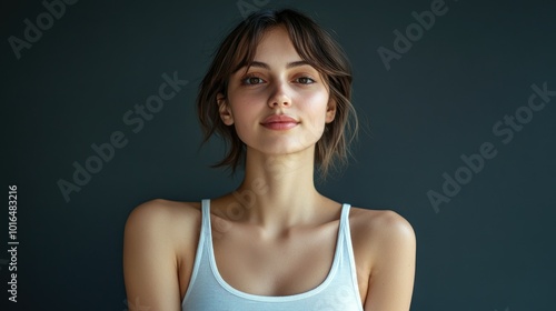 Beautiful brunette in white t-shirt doing breast self-examination Breast Cancer female breast, support, prevention, mammography, screening, oncology, cancer treatment.