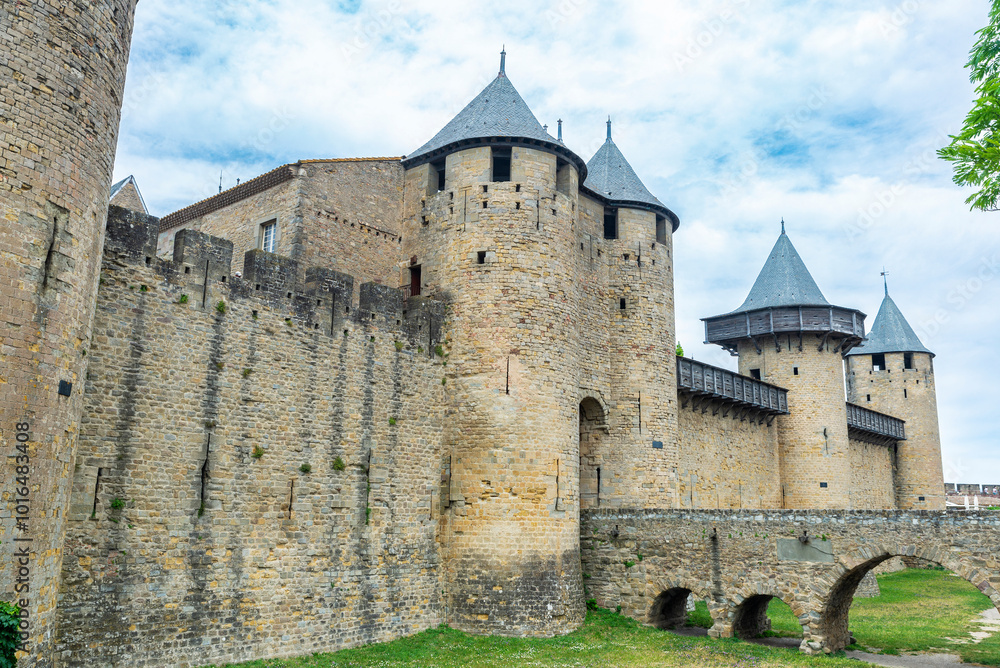 Walled medieval fortress of Cite de Carcassonne, Occitania, France Walled medieval fortress of Cite de Carcassonne, Occitania, France