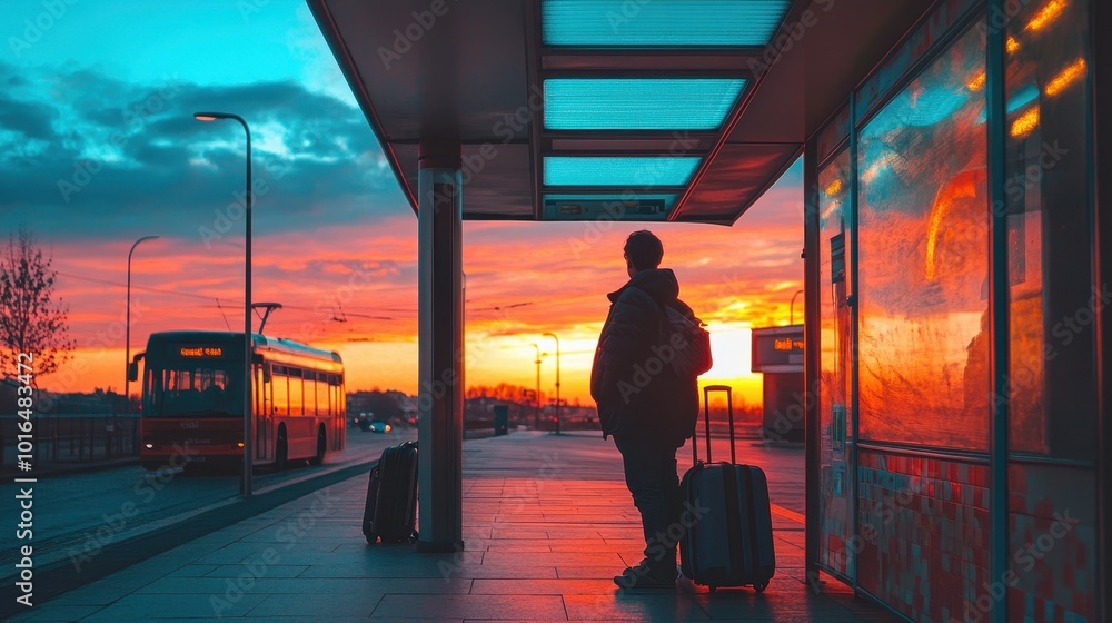 Fototapeta premium A traveler stands with luggage at a bus stop silhouetted against a vibrant sunset