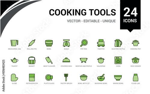 Cooking tool colorful icons set. Pot saucepan. Cooking home solid and line color icon collecton, Editable and pixel perfect, Icon names are written in English.