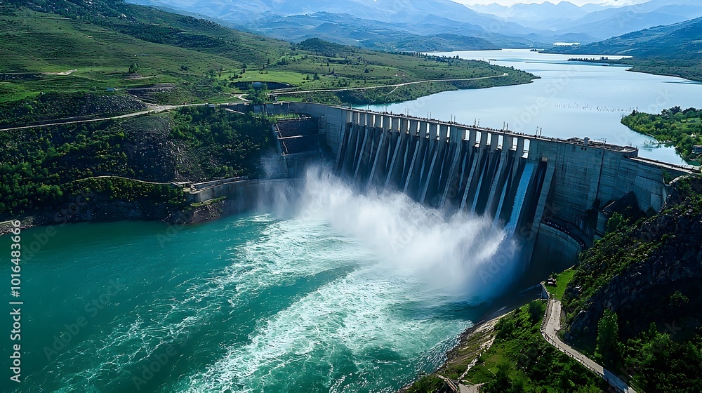 Serene Reservoir Framed by a Massive Dam,Symbolizing Humanity's Control and Utilization of Water's Serene Reservoir Framed by a Massive Dam,Symbolizing Humanity's Control and Utilization of Water's