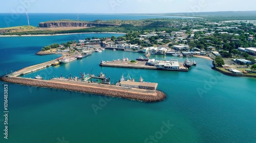 Aerial view of coastal town in Darwin, Australia. Harbor with boats, pier extending into turquoise water. Rich green plants surrounds town, nestled between cliff, body of water. Clear blue sky with