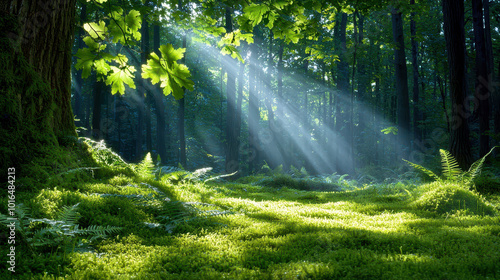 Serene green forest scene illuminated by sunlight filtering through lush foliage, showcasing vibrant moss and ferns on the forest floor