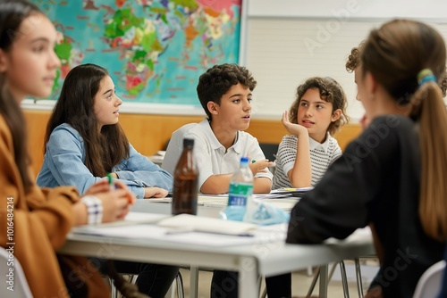 Group of students engage in lively discussion around table in classroom. Map, book, water bottle on table. Students seated on chairs, diverse backgrounds. Whiteboard, window provide learning