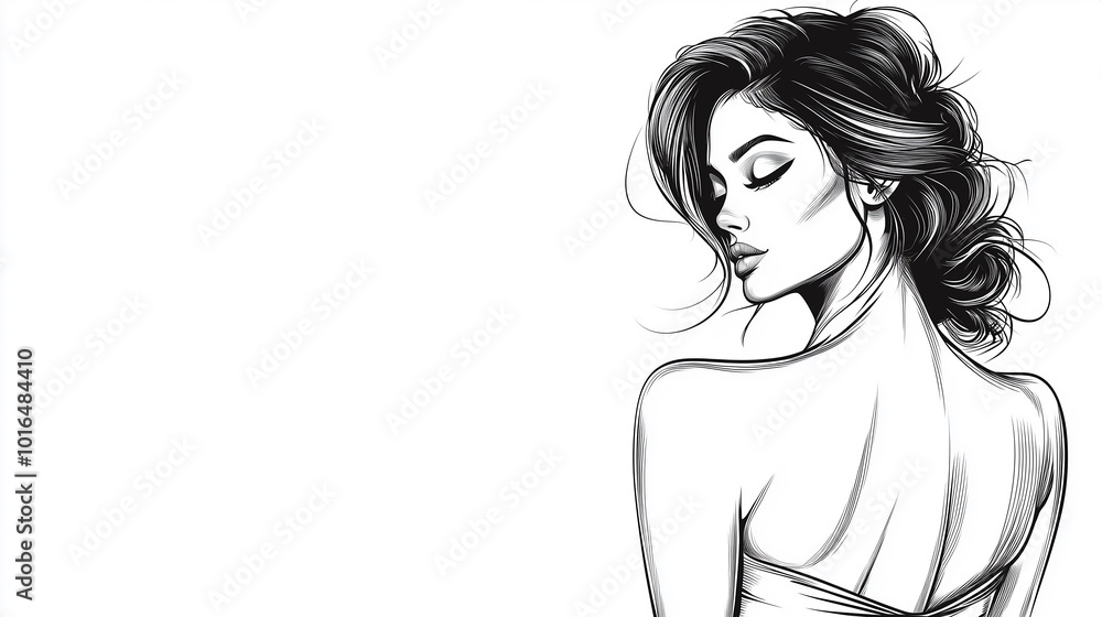 Beautiful woman in profile, vector illustration, black and white, white background, fashion design sketch, fashion drawing, sketch style, fashion model posing, updo hairstyle, beautiful figure Beautiful woman in profile, vector illustration, black and white, white background, fashion design sketch, fashion drawing, sketch style, fashion model posing, updo hairstyle, beautiful figure