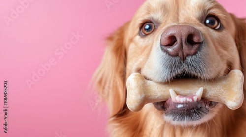 A cute golden retriever dog with soulful eyes holds a bone in its mouth, set against a soft pink background, symbolizing loyalty, warmth, and charm. photo