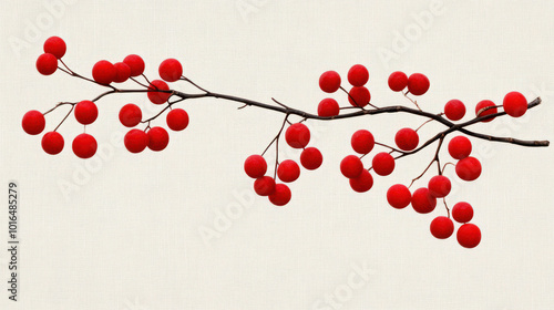 Bare branches with a small cluster of berries, light cream background, Ikebana minimal background, Japanese winter art photo