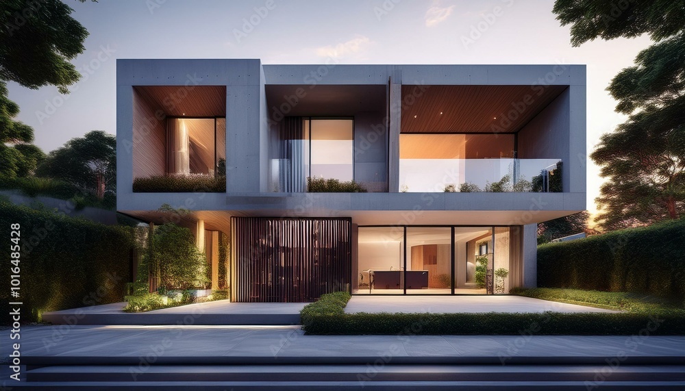 Front view of modern designed concrete residential house. Created with Generative AI technology. Front view of modern designed concrete residential house. Created with Generative AI technology.