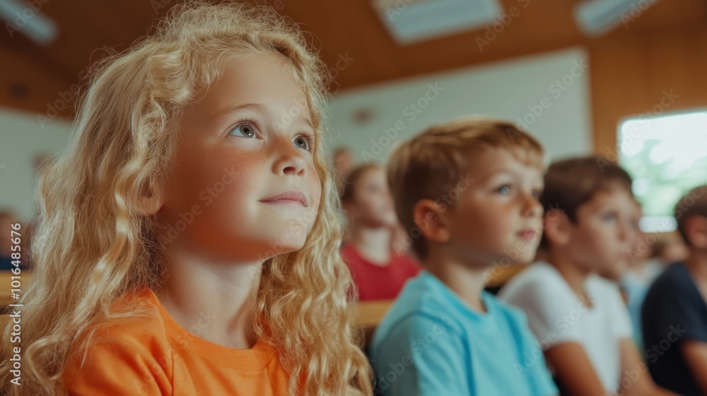 A thoughtful child with lively curls gazes with interest in a classroom setting, mingling with other kids who are similarly engaged in an educational pursuit. A thoughtful child with lively curls gazes with interest in a classroom setting, mingling with other kids who are similarly engaged in an educational pursuit.