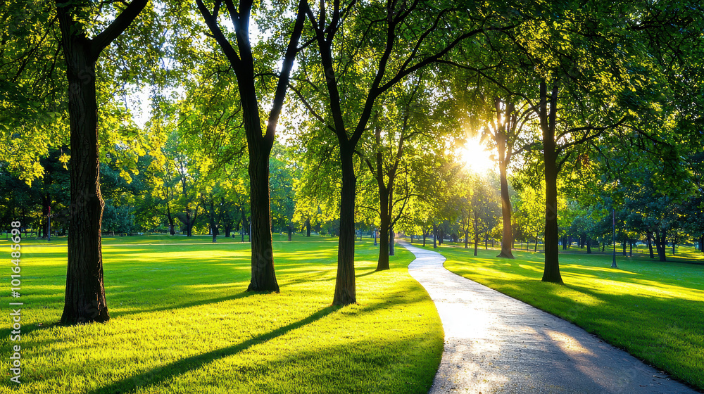Serene park pathway illuminated by sunlight, surrounded by lush green trees and grassy areas with gentle shadows.
