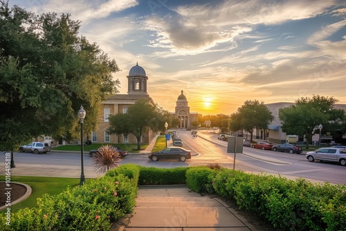 Fototapeta Naklejka Na Ścianę i Meble -  Serene street scene at sunset in Georgetown, Texas. Buildings, including church with tall dome, clock tower, stand against orange, pink sky. Rich green trees line street, cars parked along sidewalk.