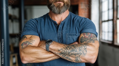 An older bearded man with tattoos on his arms stands confidently with his arms crossed against a blurred background, wearing a blue henley shirt, looking composed. photo