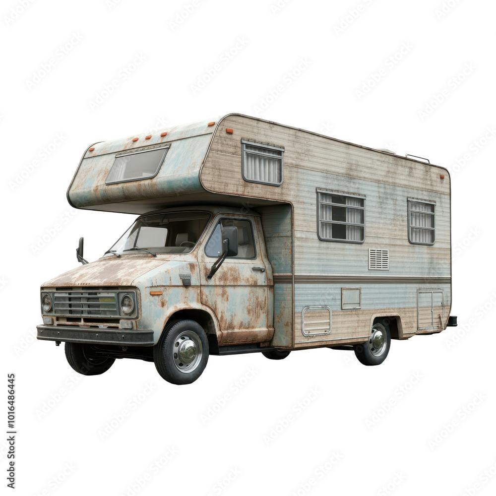 Naklejka premium Vintage Rusty Motorhome with Weathered Exterior isolated on white background