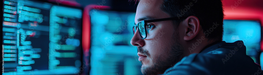 Cybersecurity expert reviewing vulnerability logs on multiple screens, focused on identifying potential threats and ensuring system security. environment is illuminated with blue and red lights, Cybersecurity expert reviewing vulnerability logs on multiple screens, focused on identifying potential threats and ensuring system security. environment is illuminated with blue and red lights,