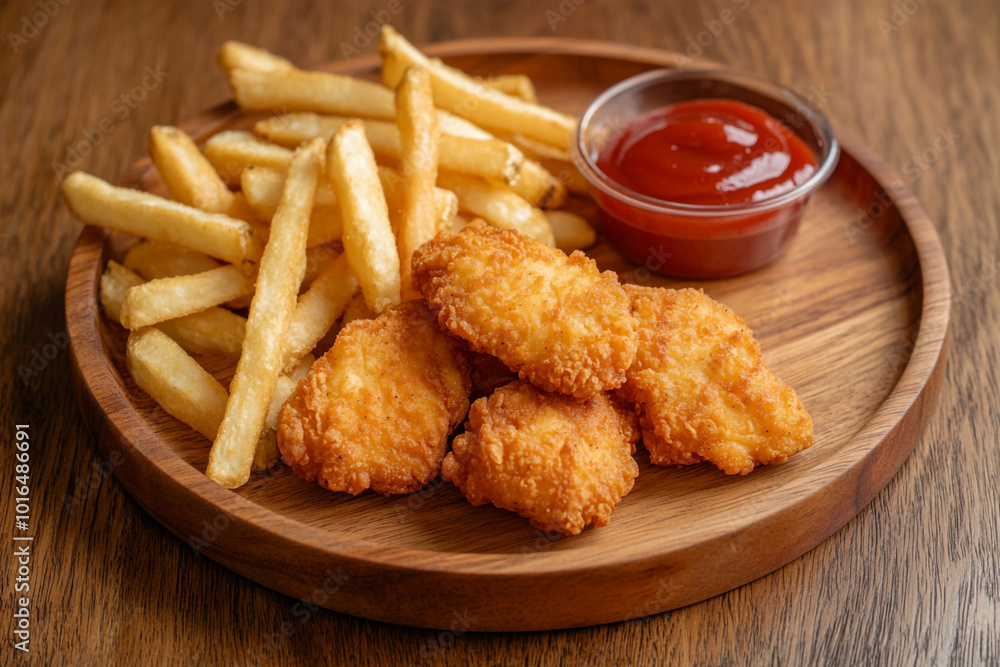 A plate of chicken nuggets and french fries with ketchup. The plate is wooden and the food is golden brown.
A plate of chicken nuggets and french fries with ketchup. The plate is wooden and the food is golden brown.