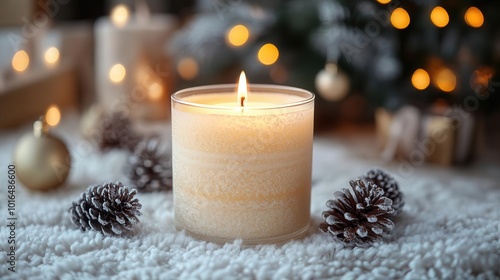 elegant white christmas candle surrounded by softly twinkling lights and a beautifully adorned christmas tree creating a serene and festive ambiance perfect for holiday celebrations