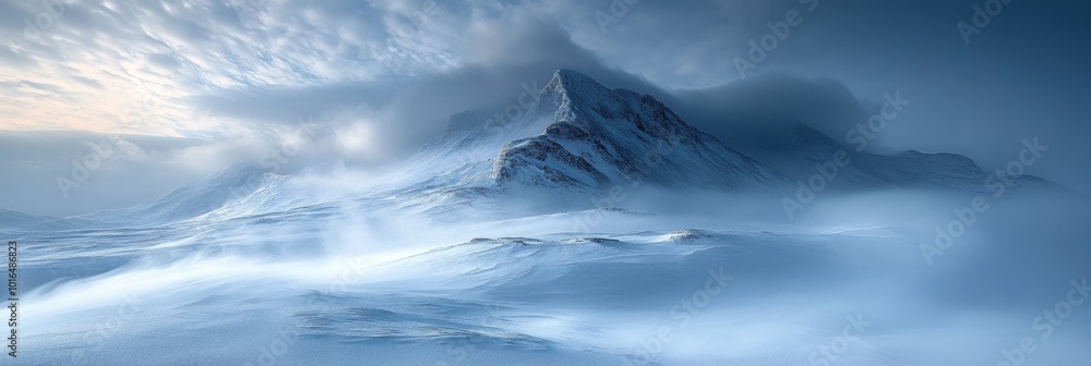 Fototapeta premium Snowy summit shrouded in swirling clouds, crisp foreground contrasts with serene blurred backdrop, evoking a tranquil alpine atmosphere