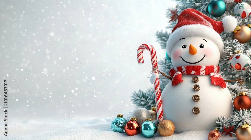 Festive snowman with candy cane by Christmas tree, snowy background. Festive snowman with candy cane by Christmas tree, snowy background.