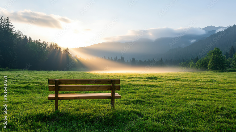 Serene wooden bench overlooking a misty meadow at sunrise with rays of sunlight breaking through the trees Serene wooden bench overlooking a misty meadow at sunrise with rays of sunlight breaking through the trees