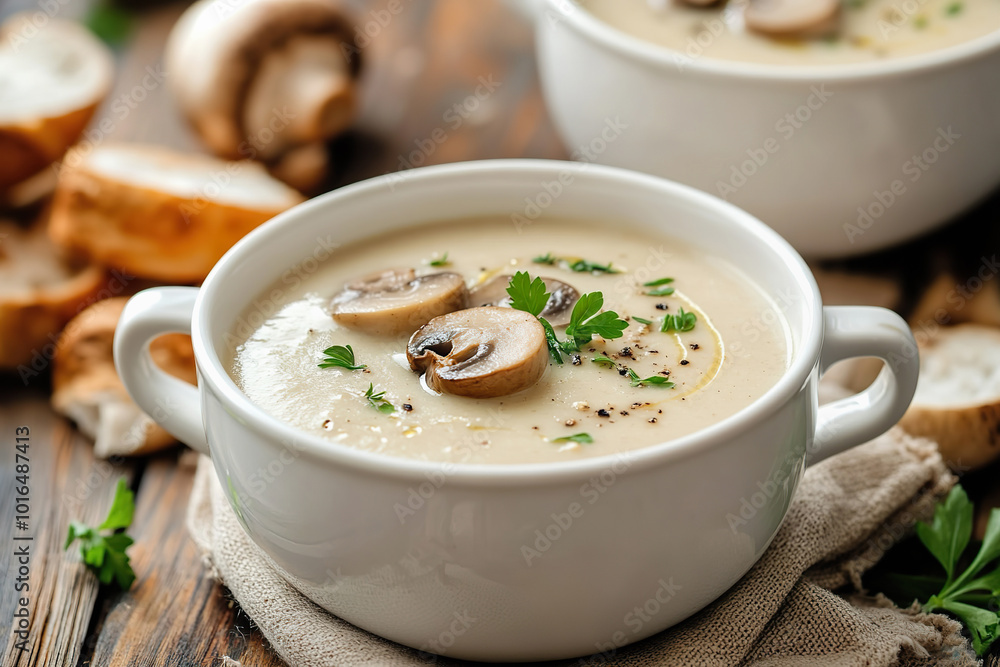 cream of mushroom soup garnished with herbs on table cream of mushroom soup garnished with herbs on table