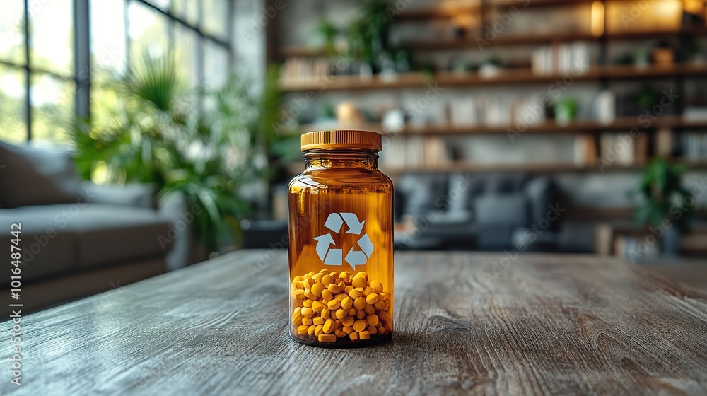 an eco friendly medical pill bottle featuring a prominent recycling symbol emphasizing the importance of proper medical waste disposal and environmental responsibility after medication expiration an eco friendly medical pill bottle featuring a prominent recycling symbol emphasizing the importance of proper medical waste disposal and environmental responsibility after medication expiration