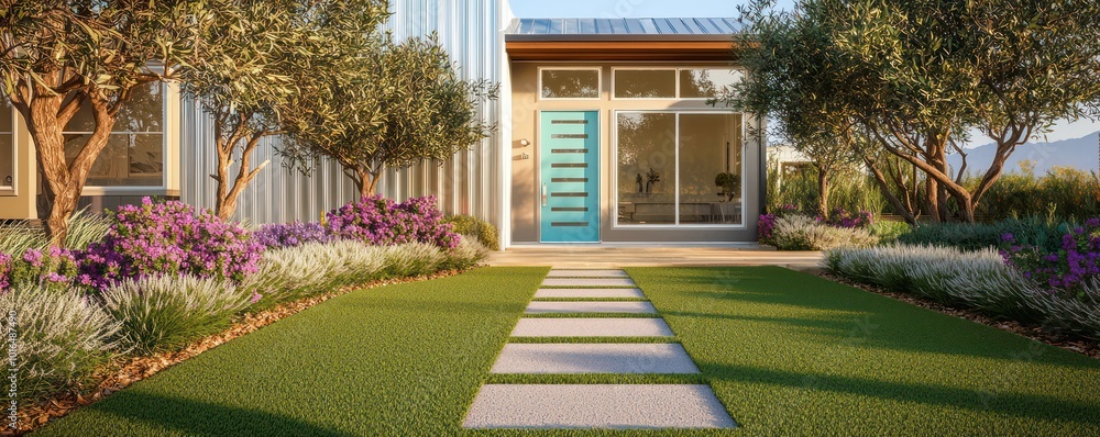 Contemporary yard with apricot synthetic grass, a pathway of chalk to a teal door, flanked by olive green trees and mauve blooms The modern home has pearl windows and a mercury roof Contemporary yard with apricot synthetic grass, a pathway of chalk to a teal door, flanked by olive green trees and mauve blooms The modern home has pearl windows and a mercury roof