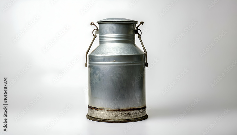 An antique milk container with worn-out labels, placed against a plain white background, capturing its aged metal surface and vintage look An antique milk container with worn-out labels, placed against a plain white background, capturing its aged metal surface and vintage look
