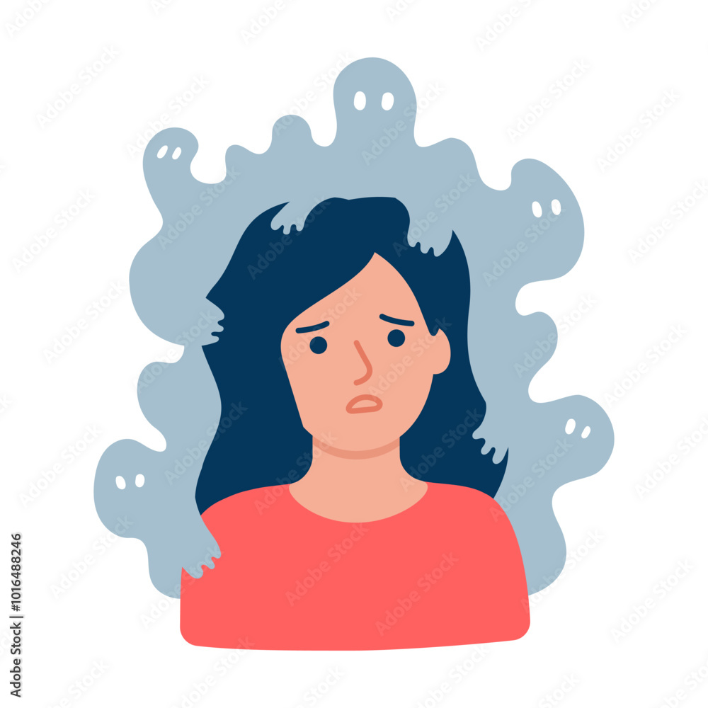 Young sad woman with panic attack, stress, shock. Taking care of psychological health in case of anxiety, disorder, other mental problems. Shadow of fears. Girl character cartoon illustration Young sad woman with panic attack, stress, shock. Taking care of psychological health in case of anxiety, disorder, other mental problems. Shadow of fears. Girl character cartoon illustration
