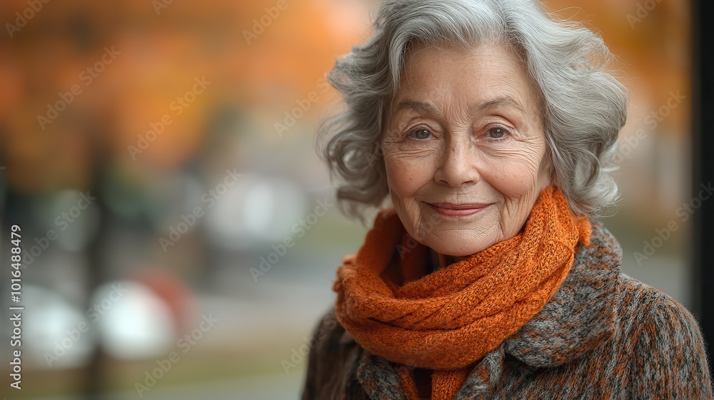 an elderly woman standing outdoors on a terrace on a sunny day in autumn.stock image an elderly woman standing outdoors on a terrace on a sunny day in autumn.stock image