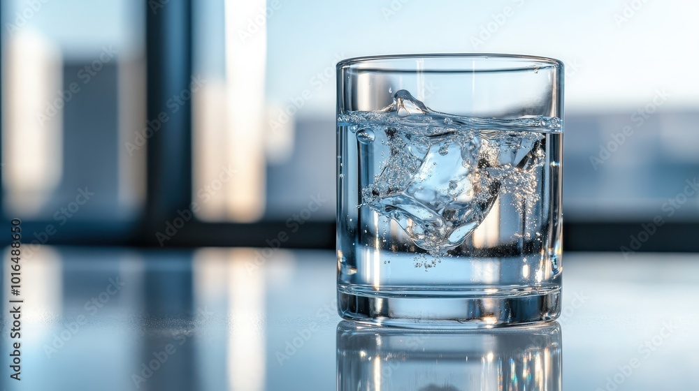 A glass with water and ice cubes rests on a shiny table, capturing the dynamic movement of the water and the shimmer of the ice, suggesting freshness and coolness. A glass with water and ice cubes rests on a shiny table, capturing the dynamic movement of the water and the shimmer of the ice, suggesting freshness and coolness.