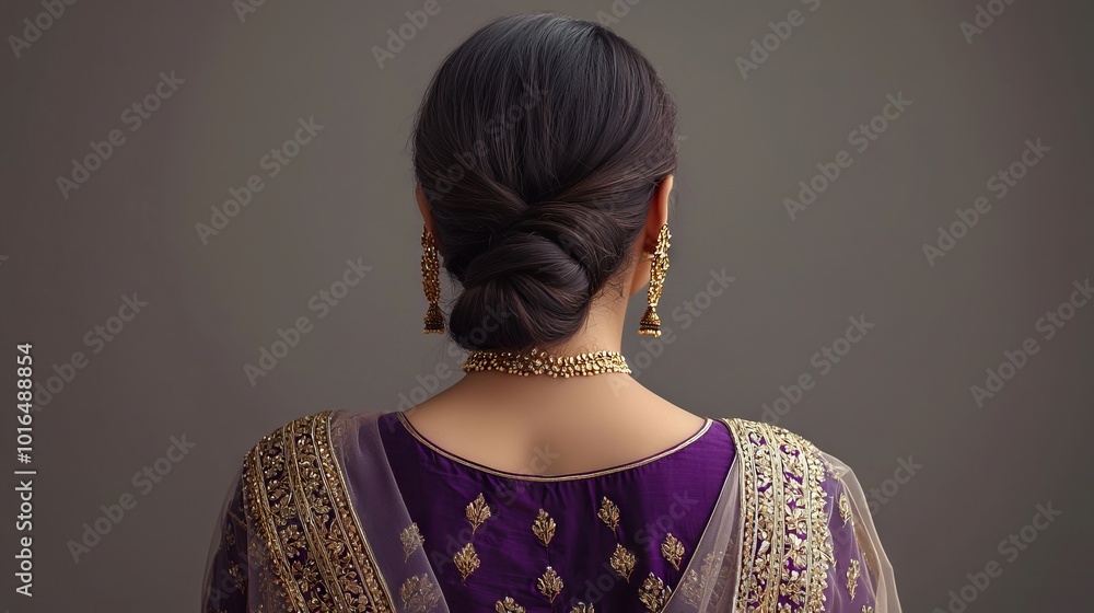 Back view of a woman wearing traditional Indian attire with an elegant hair bun Back view of a woman wearing traditional Indian attire with an elegant hair bun