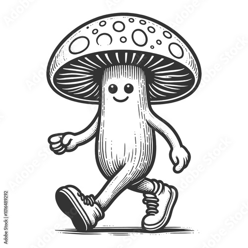 smiling cartoon mushroom character walking with a cheerful expression, embodying fun and positivity sketch engraving generative ai vector illustration. Scratch board imitation. Black and white image.