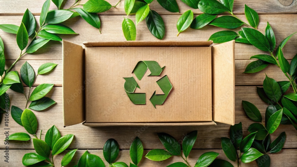 Eco-friendly cardbox crafted from recyclable organic materials, adorned with green leaves. Embracing a zero waste and plastic-free packaging approach for a sustainable future. Eco-friendly cardbox crafted from recyclable organic materials, adorned with green leaves. Embracing a zero waste and plastic-free packaging approach for a sustainable future.