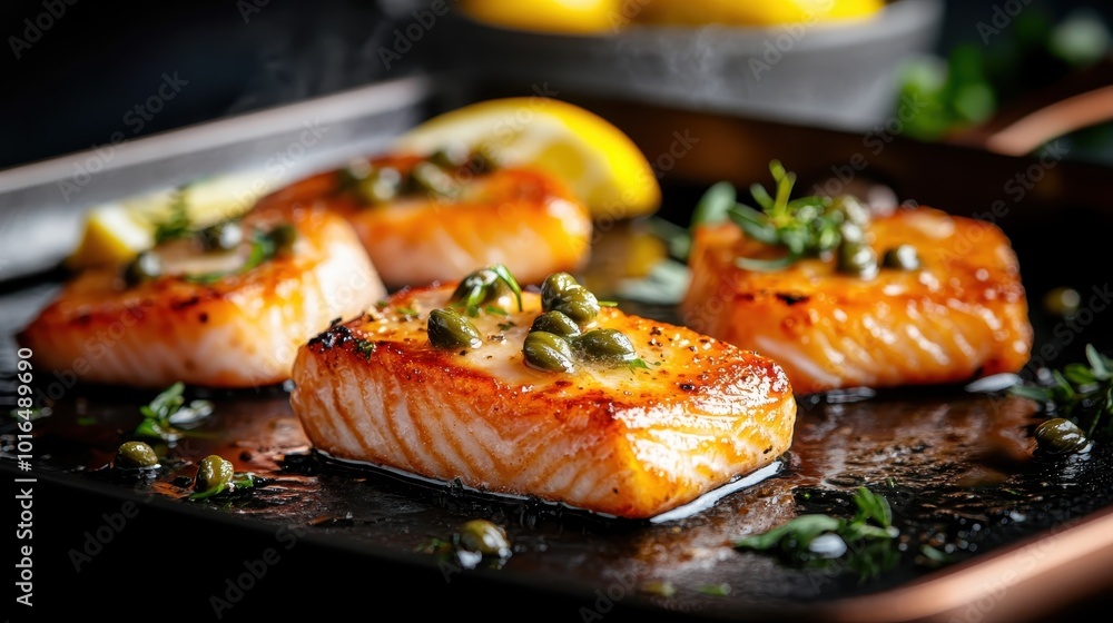 A perfectly golden-brown salmon fillet, garnished with lemon slices and capers, sits enticingly in a skillet, showcasing a harmonious blend of taste and aroma. A perfectly golden-brown salmon fillet, garnished with lemon slices and capers, sits enticingly in a skillet, showcasing a harmonious blend of taste and aroma.