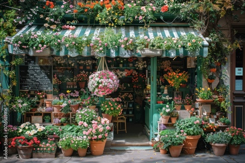 A front view of an elegant flower shop pot blackboard furniture. photo