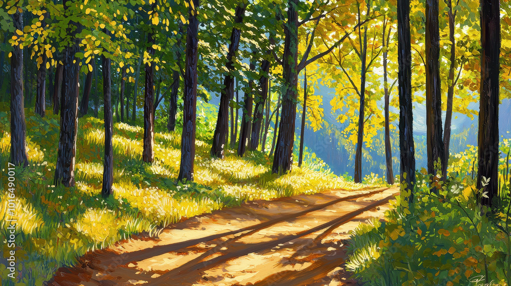 Fototapeta premium Lush forest path illuminated by sunlight filtering through vibrant green and yellow leaves, creating a serene natural landscape