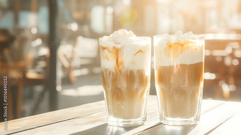Two iced coffee drinks with whipped cream on wooden table. refreshing, beverage, drink, refreshment, latte, cappuccino, frothy, dessert, sweet. Blurred streets with cafes. Copy space Two iced coffee drinks with whipped cream on wooden table. refreshing, beverage, drink, refreshment, latte, cappuccino, frothy, dessert, sweet. Blurred streets with cafes. Copy space