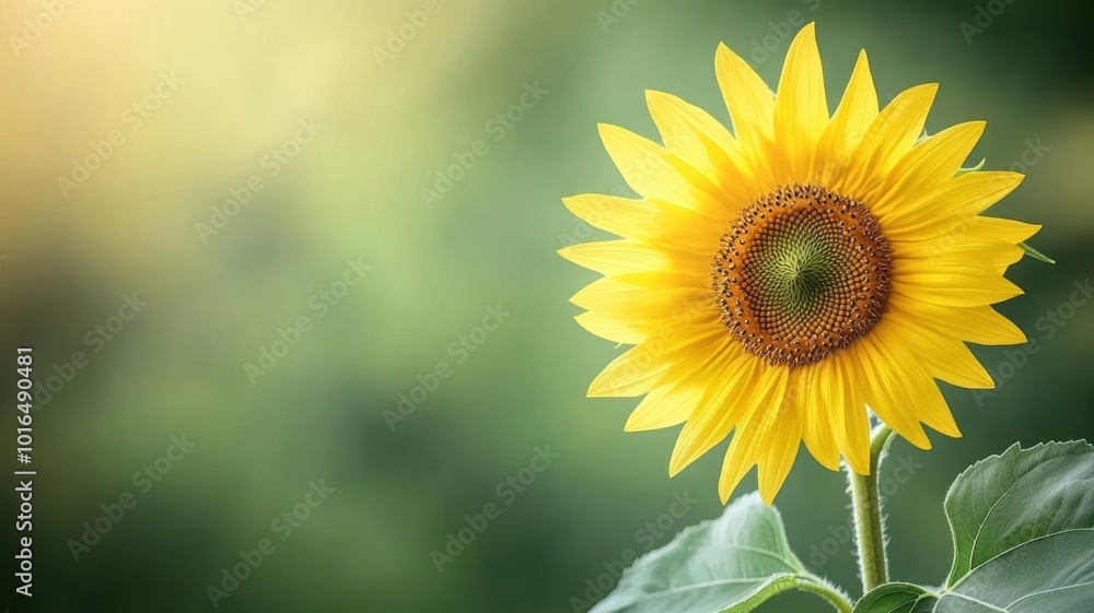 Bright yellow sunflower with delicate petals, contrasting against a calm green backdrop, peaceful and simple, empty space for advertising Bright yellow sunflower with delicate petals, contrasting against a calm green backdrop, peaceful and simple, empty space for advertising