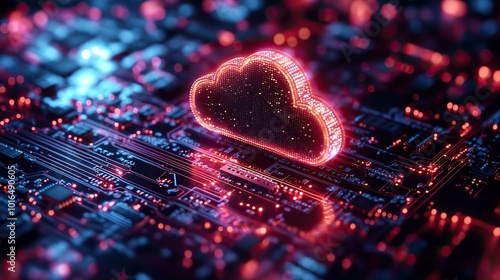 an of secure cloud computing concept featuring a cloud symbol over a stylized chip representing the safety and encryption in cloud storage services.stock image