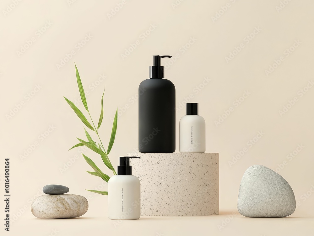 Collection of haircare products with modern packaging, surrounded by natural elements like bamboo and stones Collection of haircare products with modern packaging, surrounded by natural elements like bamboo and stones