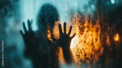 Silhouette of person pressing hands against misty glass window