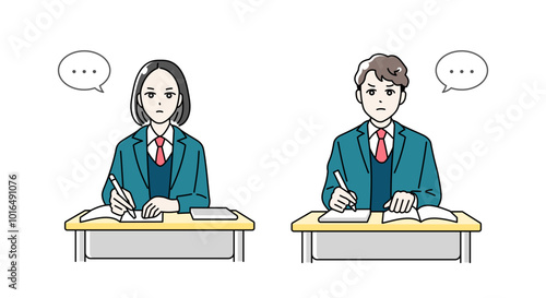 机に向かって黙々と勉強をする高校生の男女のイラスト
