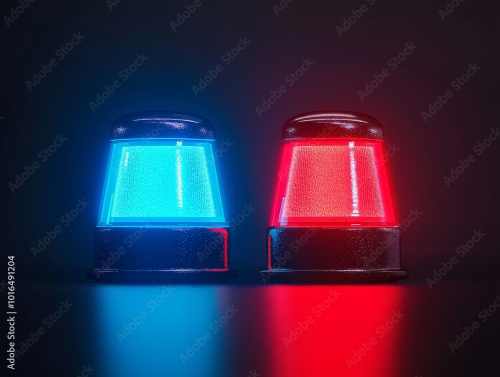 Blue and red emergency lights on a dark background, glowing and reflecting. Blue and red emergency lights on a dark background, glowing and reflecting.