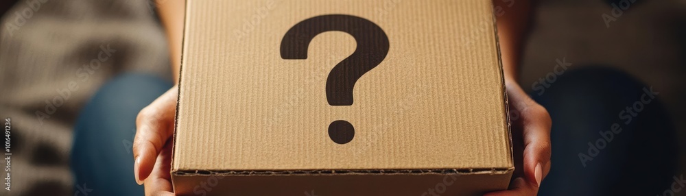 Brown cardboard box with a large question mark, held in hands, surrounded by a soft, dim background, empty space for advertising Brown cardboard box with a large question mark, held in hands, surrounded by a soft, dim background, empty space for advertising