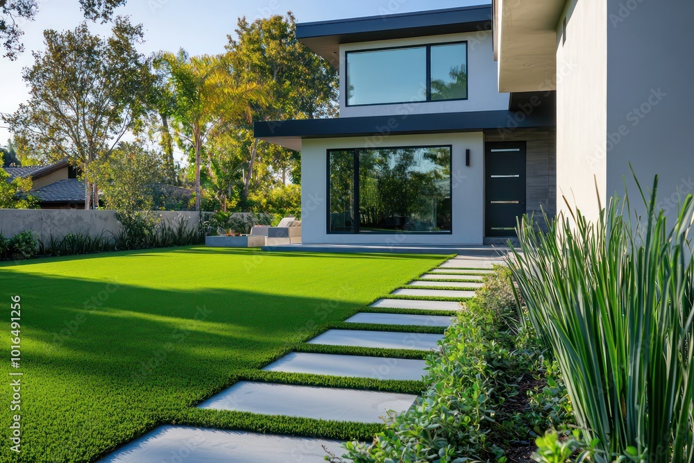 Cool slate synthetic grass around a contemporary home with a minimalist backyard and straightforward concrete path Cool slate synthetic grass around a contemporary home with a minimalist backyard and straightforward concrete path