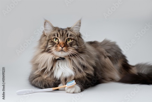 Long-haired cat lies on side, eyes closed, resting on white surface. Brown paws, white chest, furry coat. Next to cat, white toothbrush with blue handle, suggests grooming session.