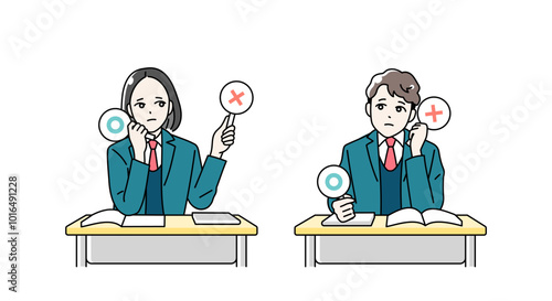 まるばつ札をあげる高校生の男女のイラスト